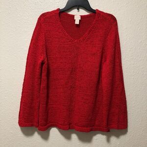 chicos large sweater red 3 knitted 20" bust thick knit v neck womens solid